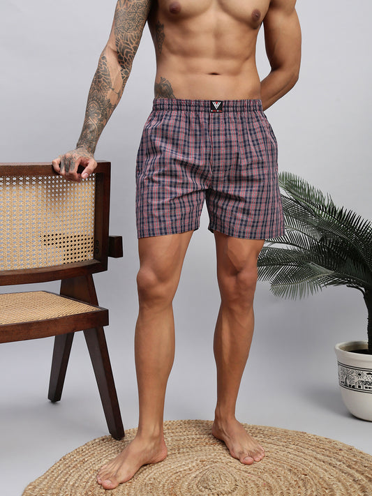 RED BLUE CHECKS MEN COTTON PRINTED BOXER SHORTS