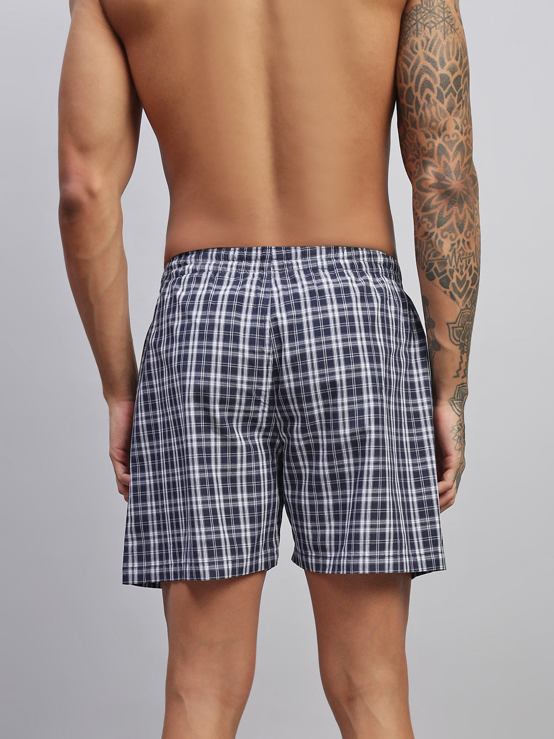 NAVY WHITE CHECKS MEN COTTON PRINTED BOXER SHORTS