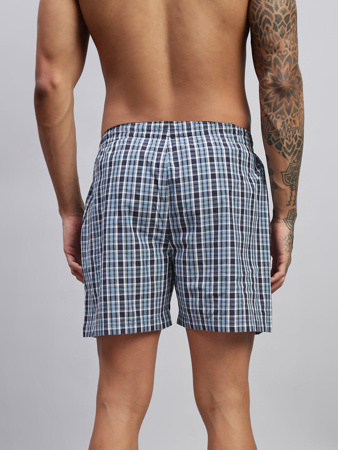 BLUE WHITE CHECKS MEN COTTON PRINTED BOXER SHORTS