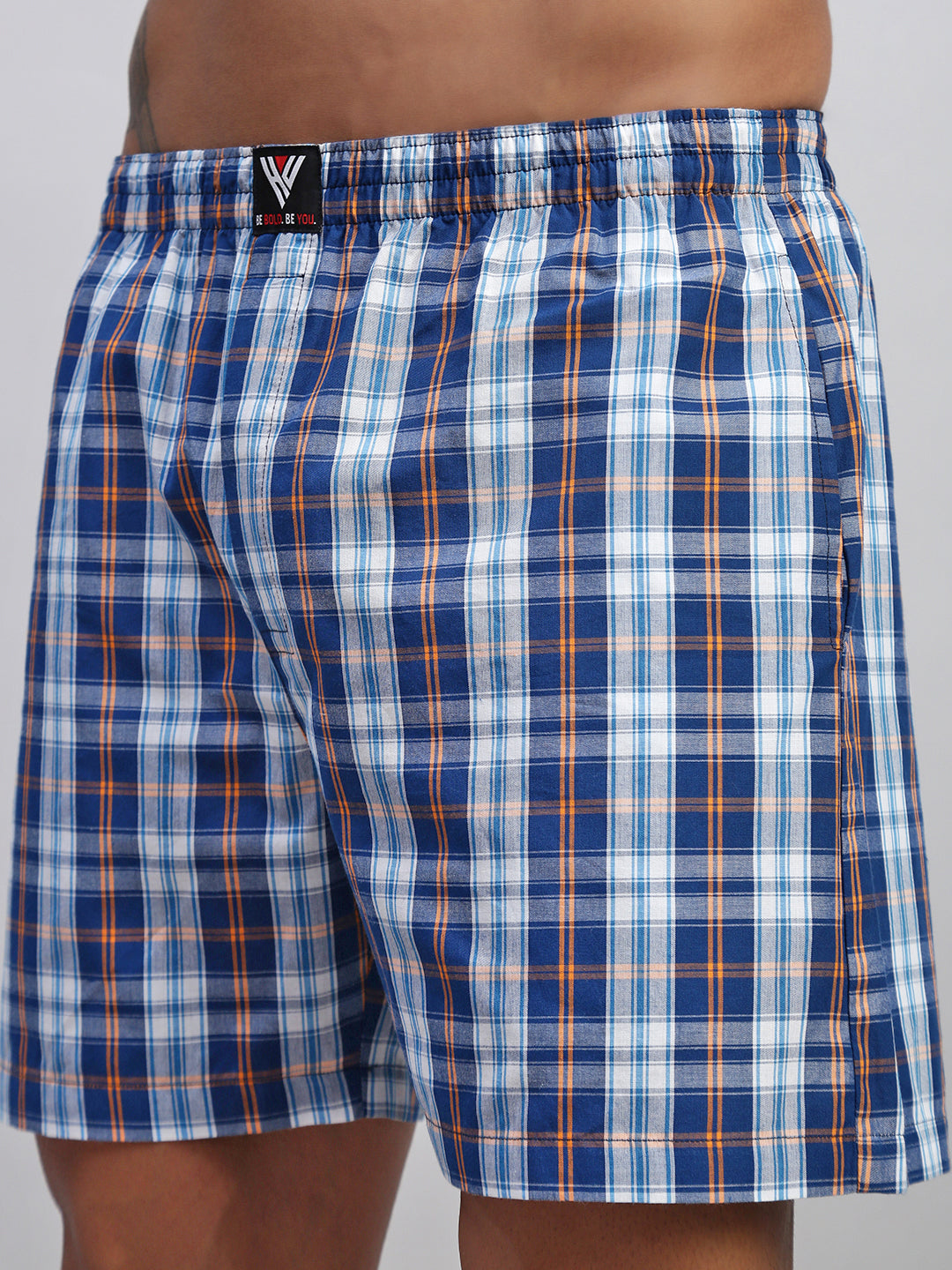 BLUE ORANGE CHECKS MEN COTTON PRINTED BOXER SHORTS