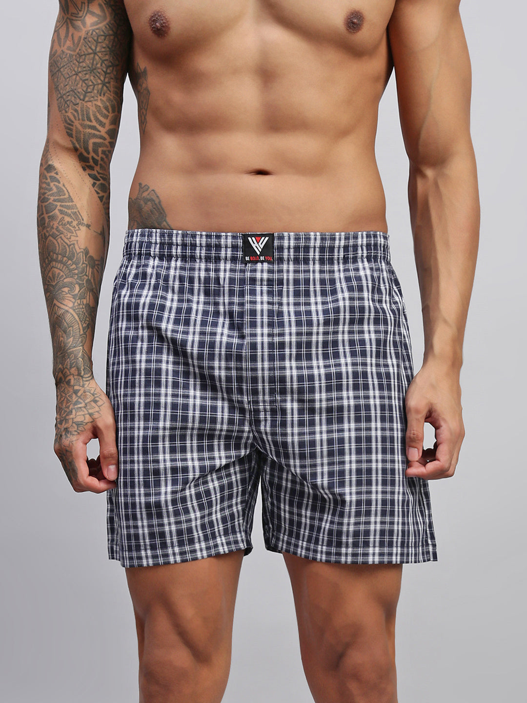 NAVY WHITE CHECKS MEN COTTON PRINTED BOXER SHORTS