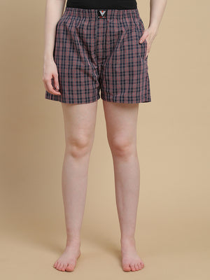RED BLUE CHECKS WOMENS COTTON - BOXER SHORTS