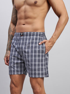 NAVY WHITE CHECKS MEN COTTON PRINTED BOXER SHORTS