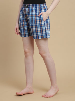 BLUE ORANGE CHECKS WOMENS COTTON - BOXER SHORTS