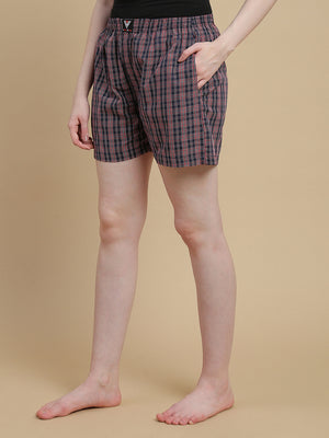 RED BLUE CHECKS WOMENS COTTON - BOXER SHORTS