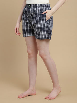 NAVY WHITE CHECKS WOMENS COTTON - BOXER SHORTS