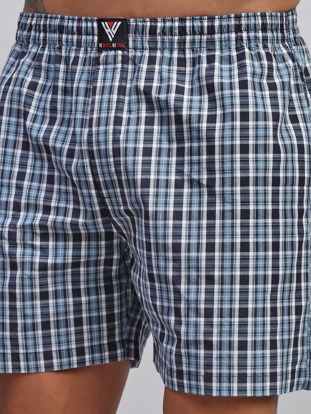 BLUE WHITE CHECKS MEN COTTON PRINTED BOXER SHORTS