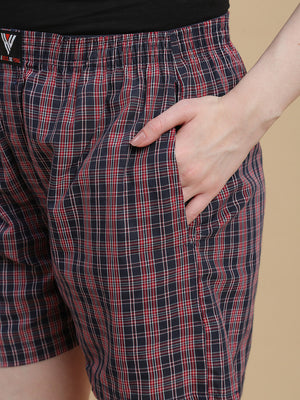 RED BLUE CHECKS WOMENS COTTON - BOXER SHORTS