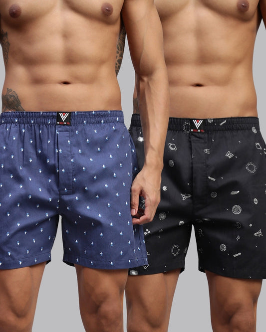 2PC PACK OF NAUTICAL & SPACE PRINT MEN COTTON BOXER PRINTED BOXER SHORTS