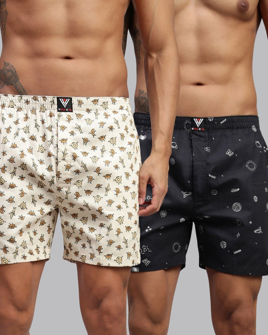 2PC PACK OF SPACE & BAKERY PRINT MEN COTTON BOXER PRINTED BOXER SHORTS