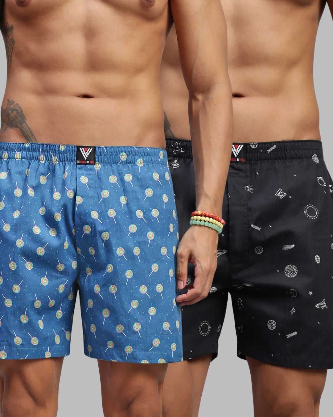 2PC PACK OF SPACE & CANDY PRINT MEN COTTON BOXER PRINTED BOXER SHORTS